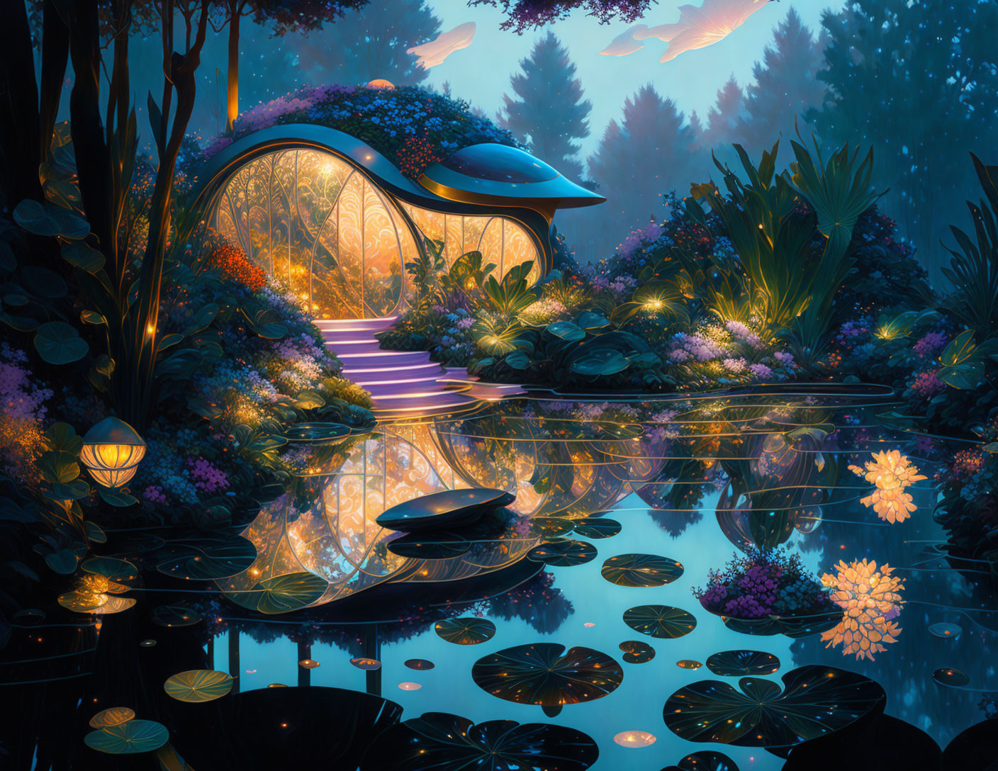 Mystical forest glade with futuristic pod, vibrant flora, reflective pond