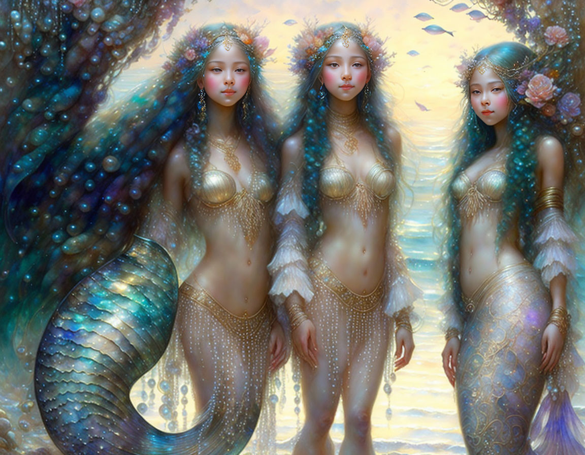 Ethereal mermaids with shimmering tails and golden jewelry in dreamy seascape