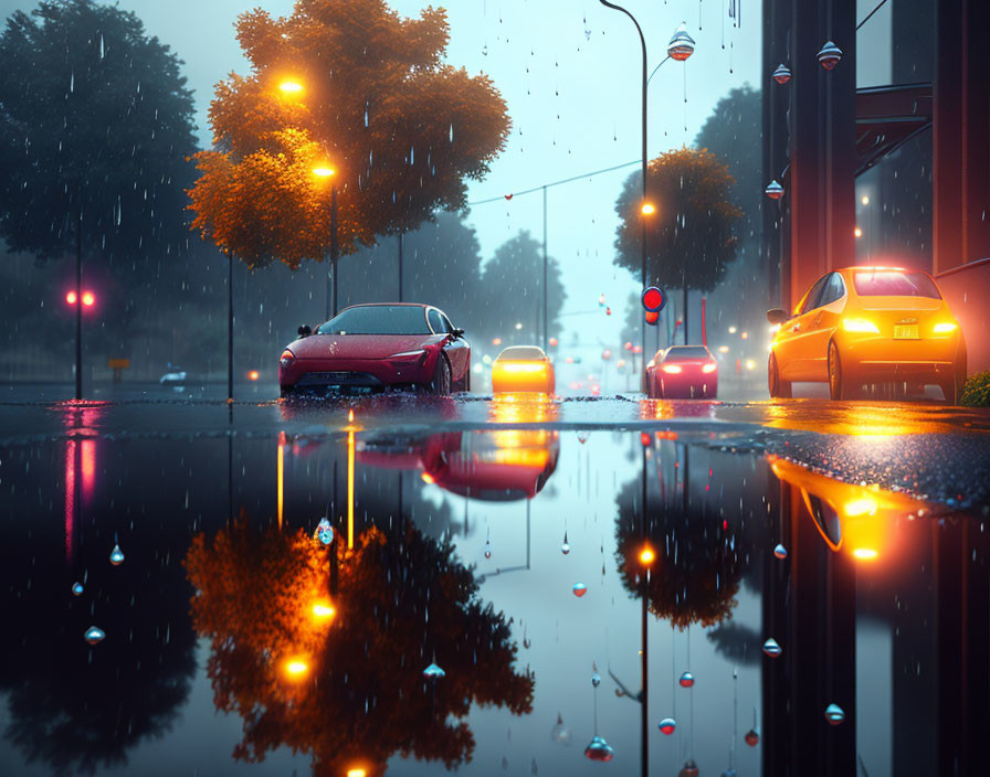 Rainy urban street at dusk: Glowing headlights, wet asphalt reflections, warm street lights.