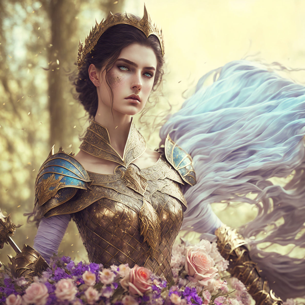 Regal woman in golden crown and armor with blue hair among flowers