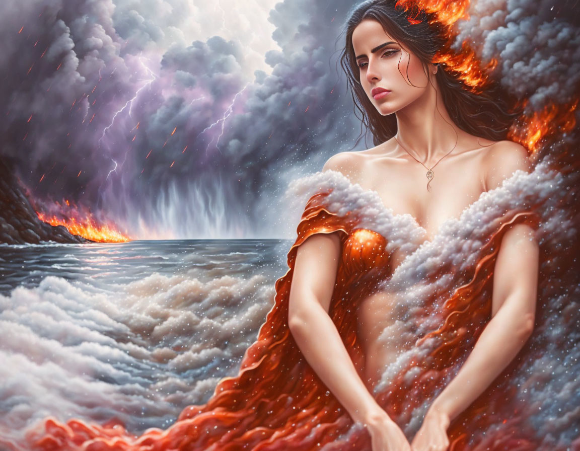 Dark-haired woman emerges from turbulent sea with fiery skies and lightning