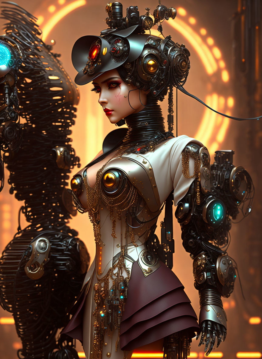 Steampunk female robot with brass and leather components in warm mechanical setting