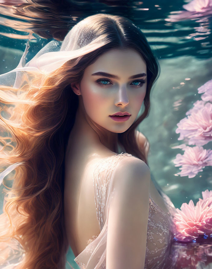 Ethereal woman with auburn hair in water with pink flowers