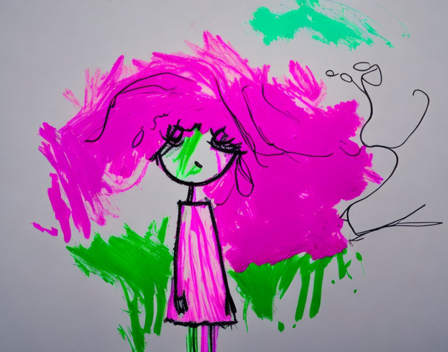 Colorful Child's Drawing: Pink-Haired Figure in Green Dress