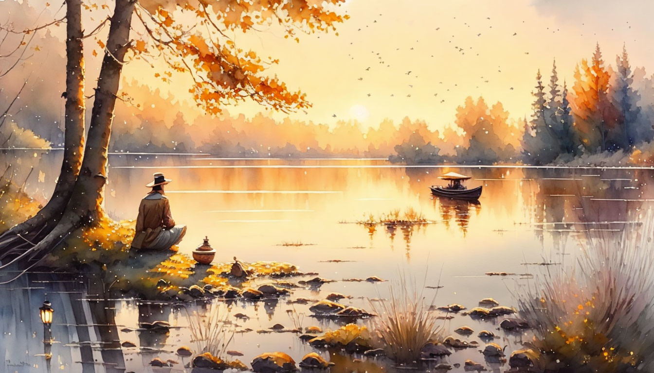 Tranquil autumn lake scene with golden leaves and rowboat