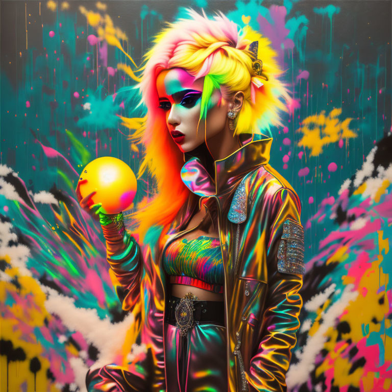 Colorful graffiti background with person holding glowing orb.