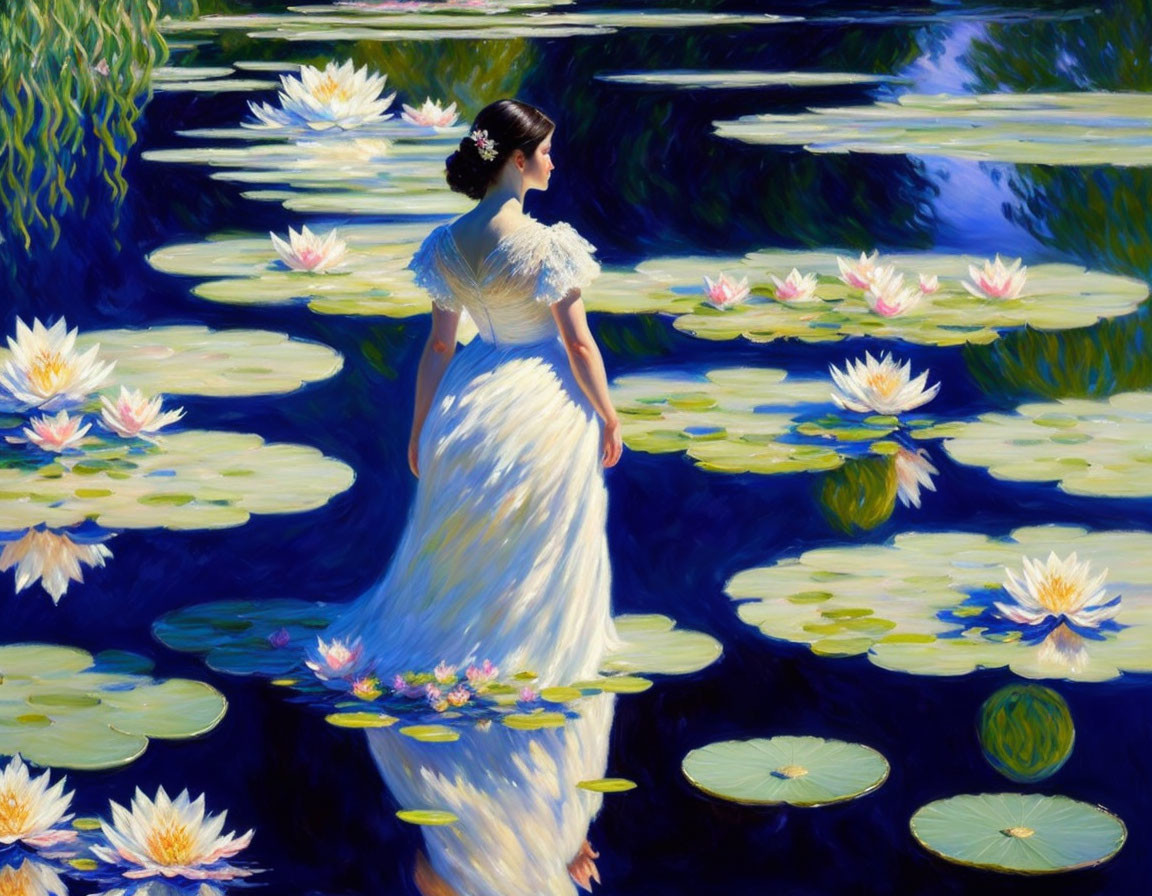 Woman in White Dress by Pond with Blooming Water Lilies in Vibrant Colors