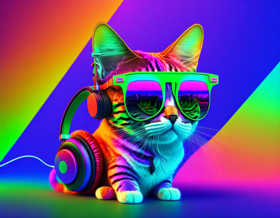 Colorful Cat with Headphones and Sunglasses on Vibrant Geometric Rainbow Background