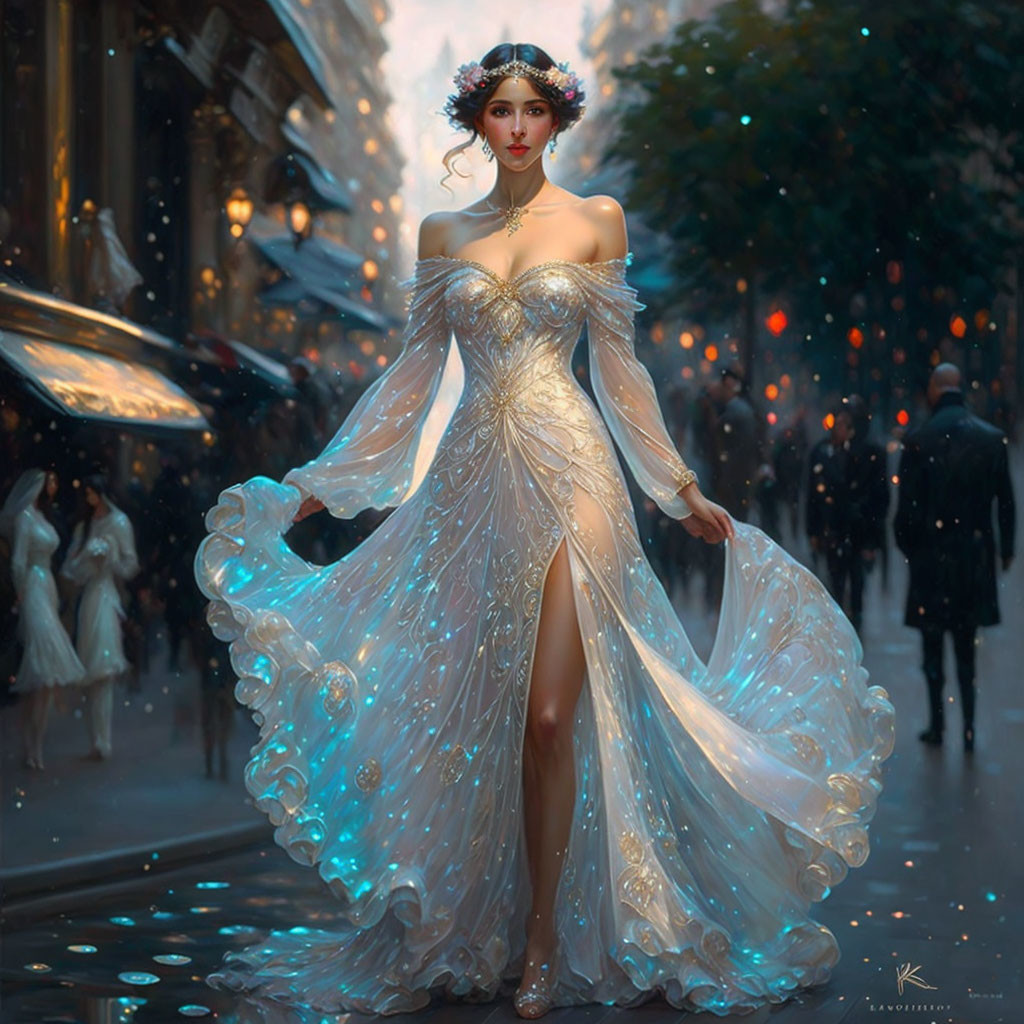 Elegant woman in off-shoulder gown on rainy city street