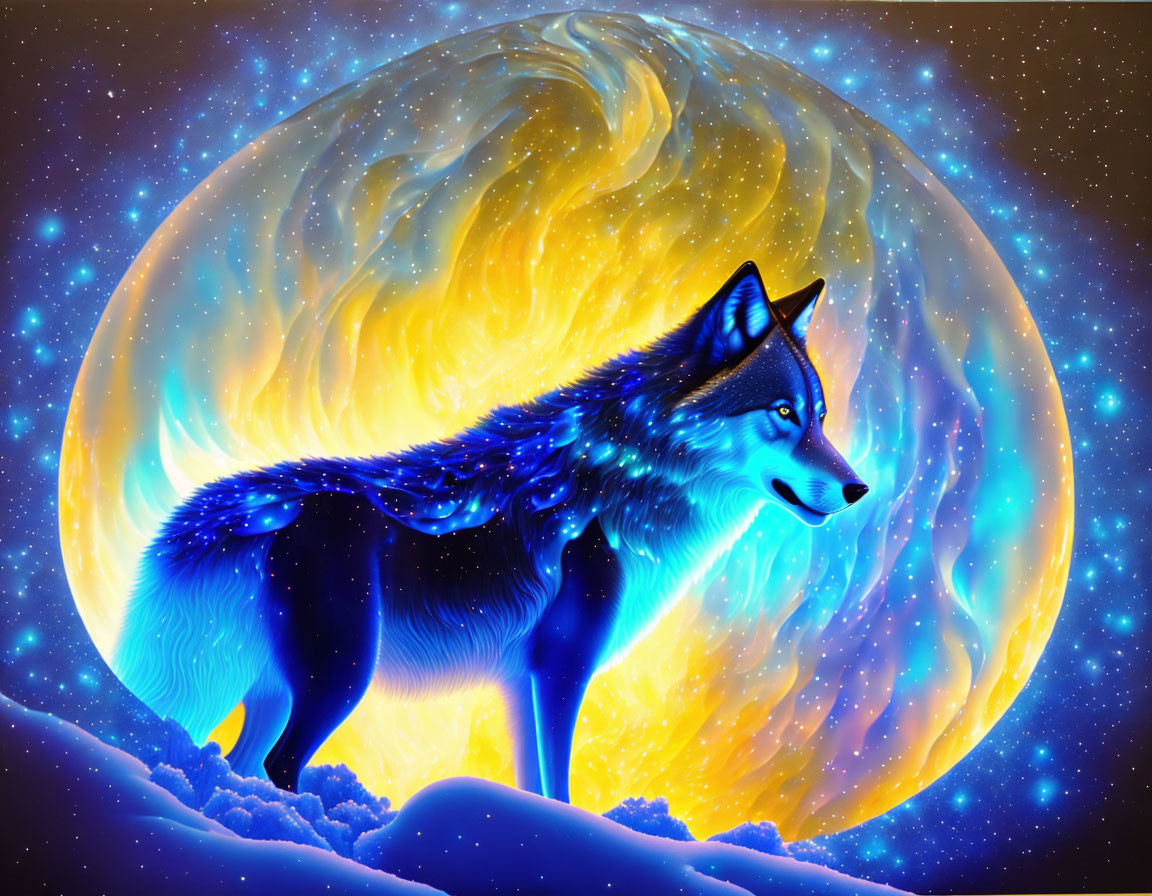 Illustration of glowing blue wolf on snow with fiery orange backdrop