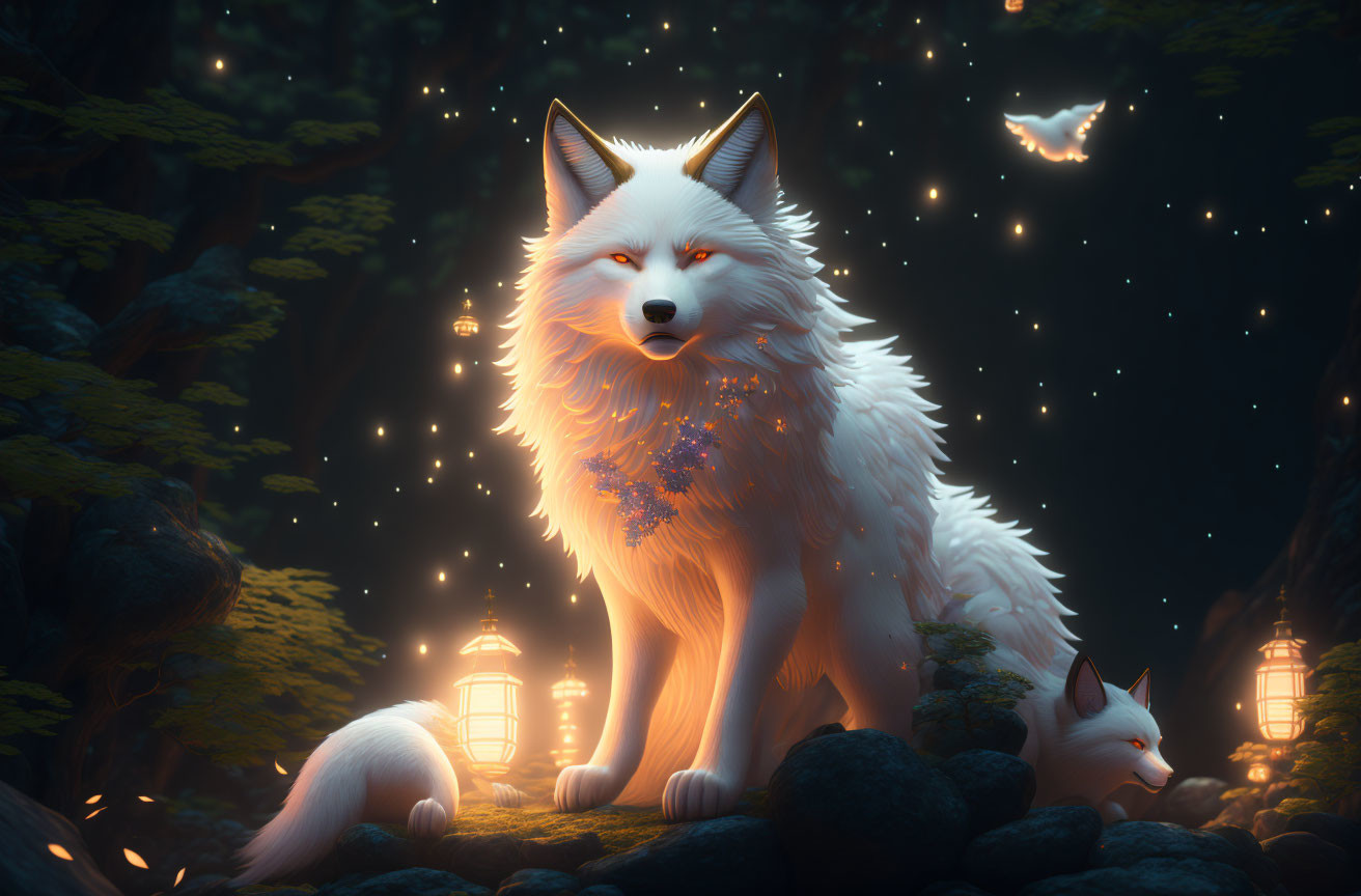 Majestic white wolf with blue eyes in mystical forest with lanterns and white fox