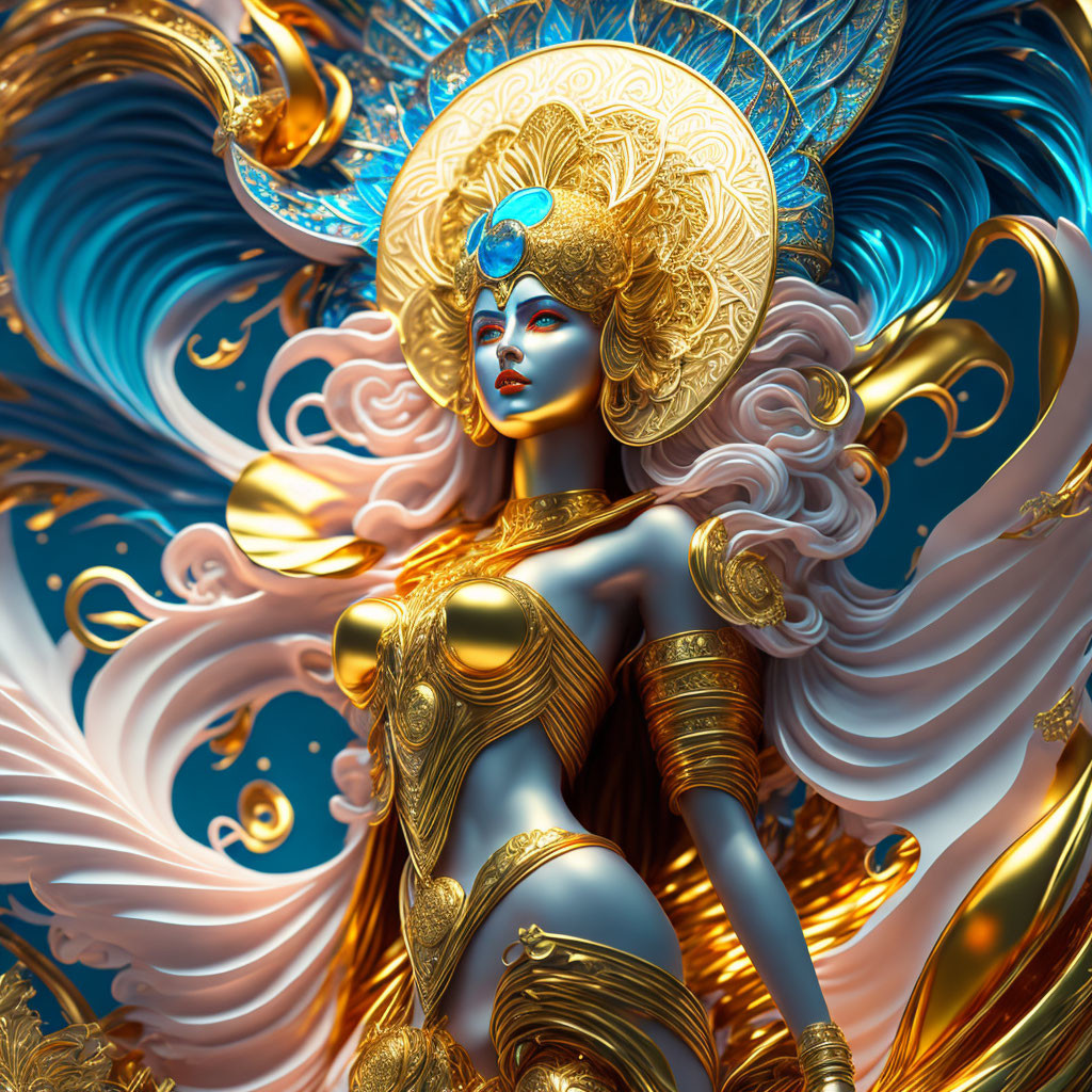 Detailed digital artwork: Female figure in golden armor with swirling blue elements on warm background