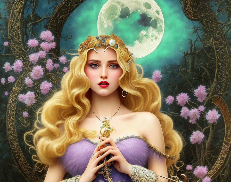 Blonde woman in crown and purple dress with moon and blossoms portrait