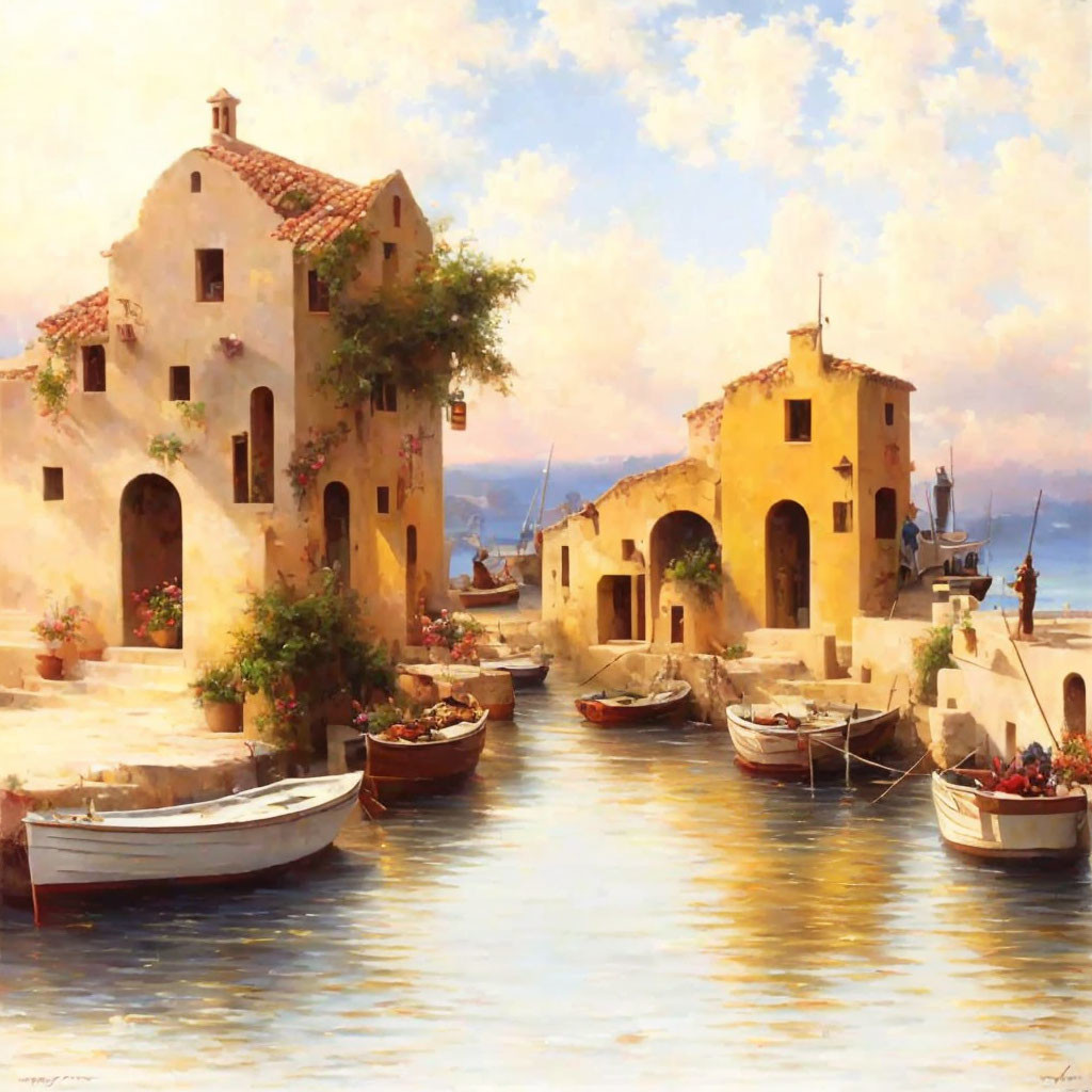 Sunlit Mediterranean scene: stucco buildings, flower pots, moored boats, calm water,