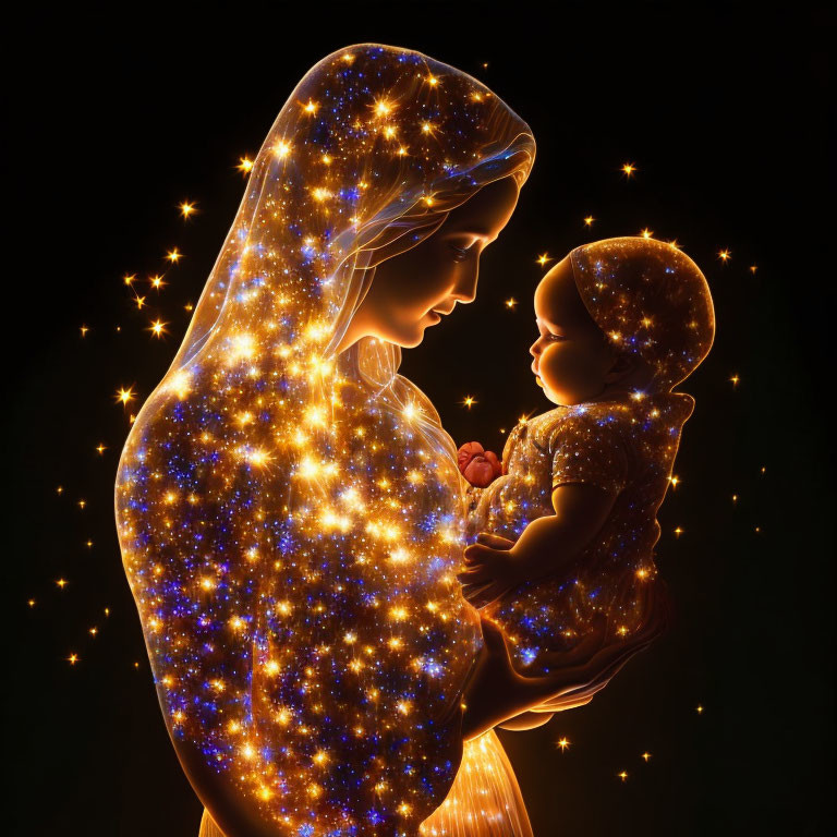 Illustration of woman holding baby with star-like lights on dark background