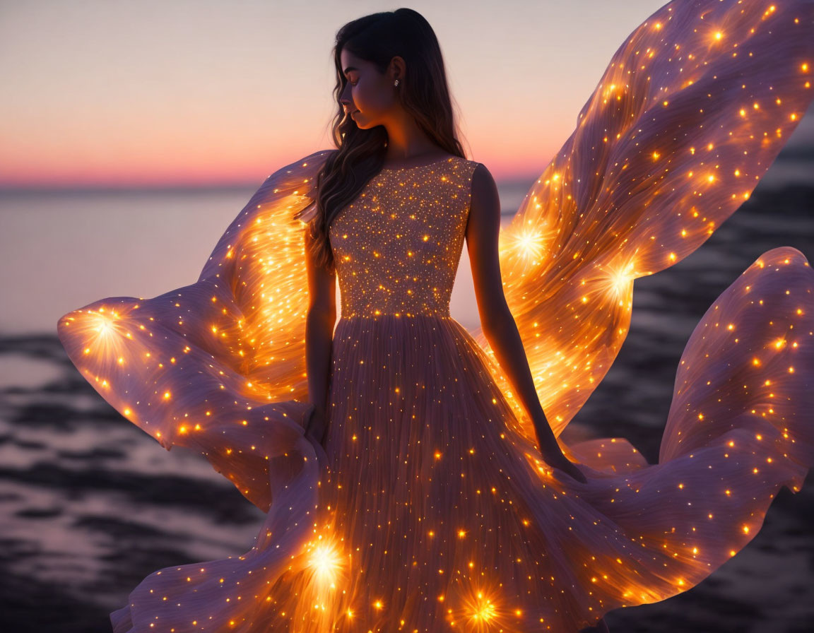 Glowing woman in butterfly wing dress on beach at dusk