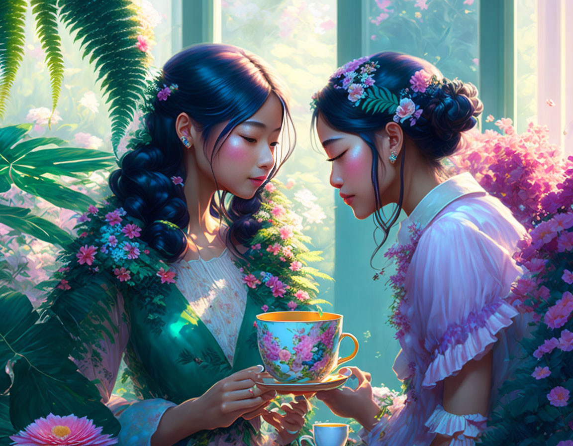 Two Women in Lush Garden with Floral Teacup and Pink Flowers