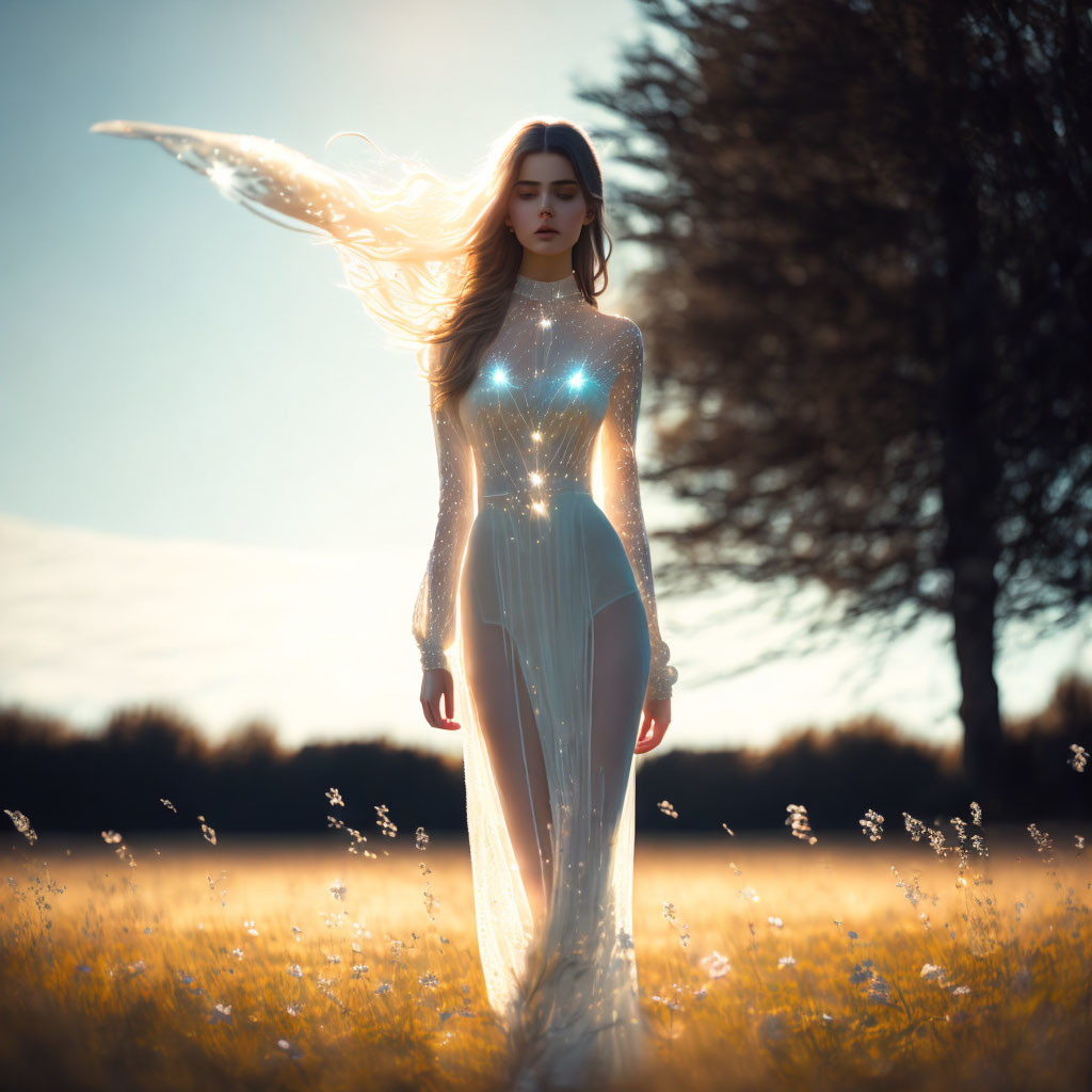 Ethereal woman in glowing dress at sunset field