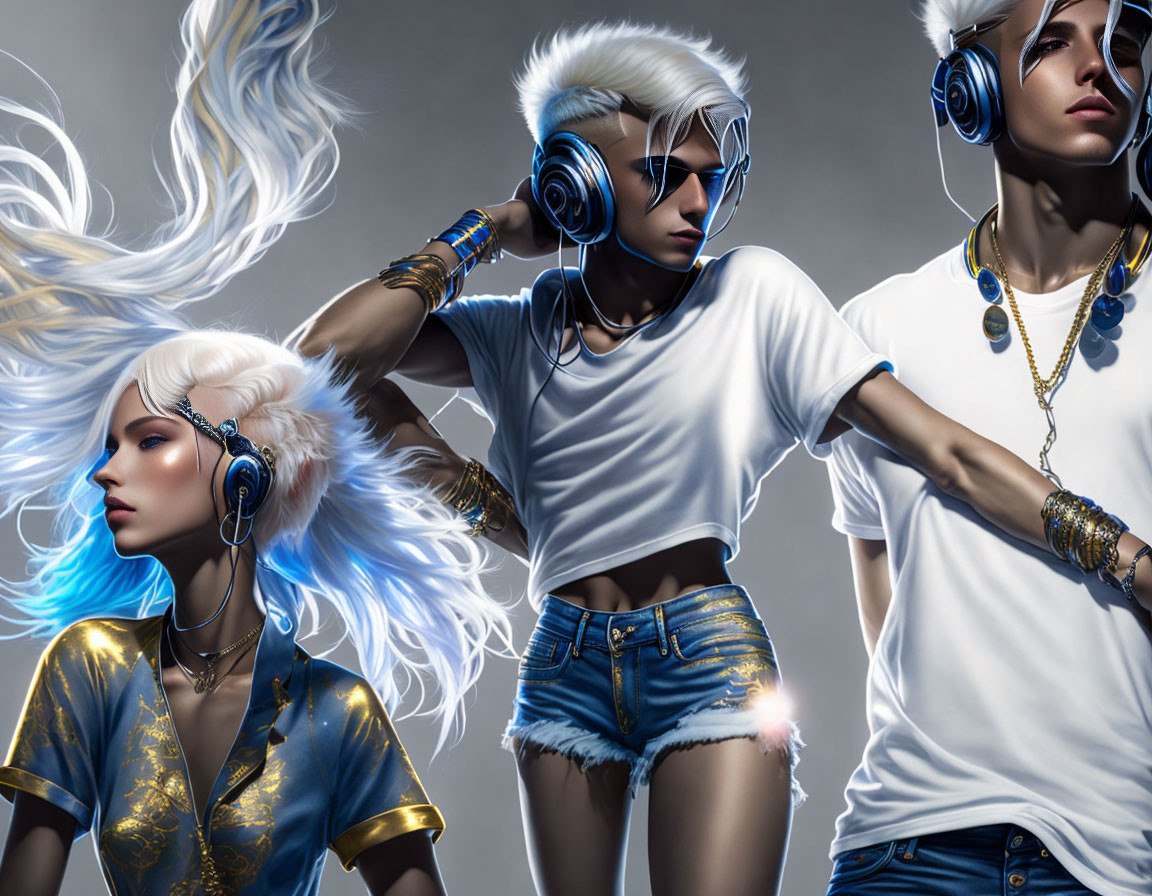 Three stylish animated characters with blue hair and headphones in trendy outfits on grey background