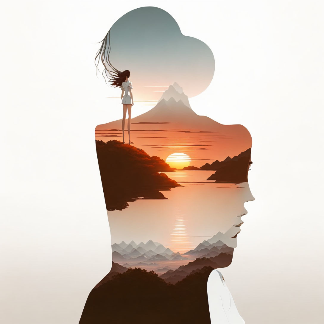 Person's Silhouette with Sunset Landscape and Woman Inside