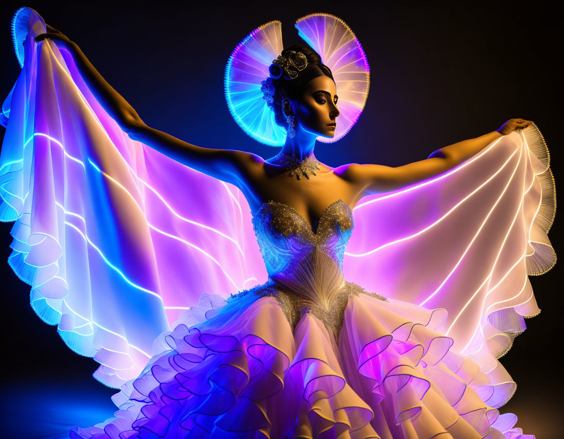 Woman in glowing, flowing dress with futuristic fashion vibe