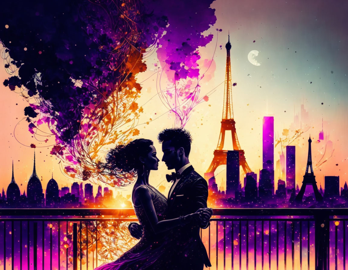 Silhouette of couple embracing with Eiffel Tower at sunset