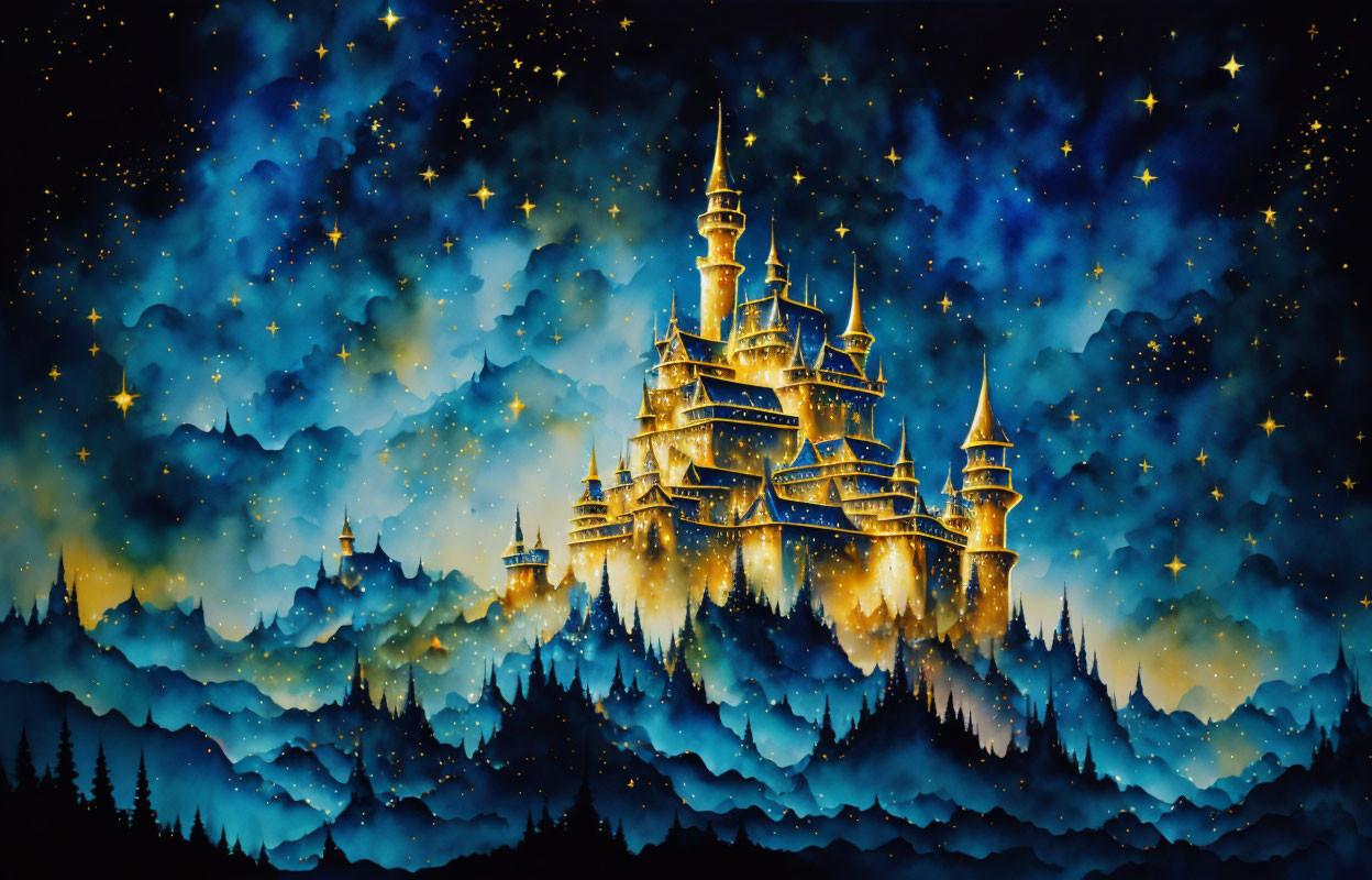 Golden castle in misty blue clouds under starry sky