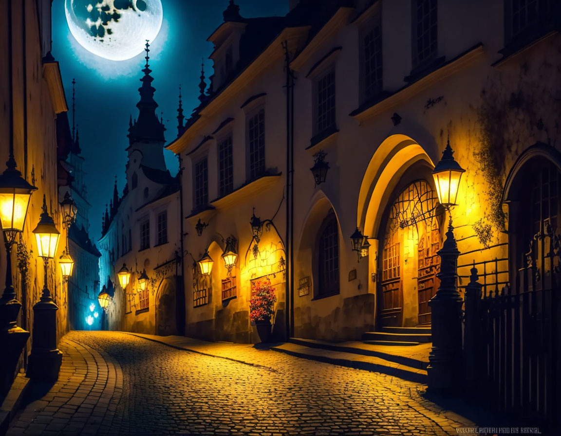 Nocturnal cobblestone street in old town under moonlight