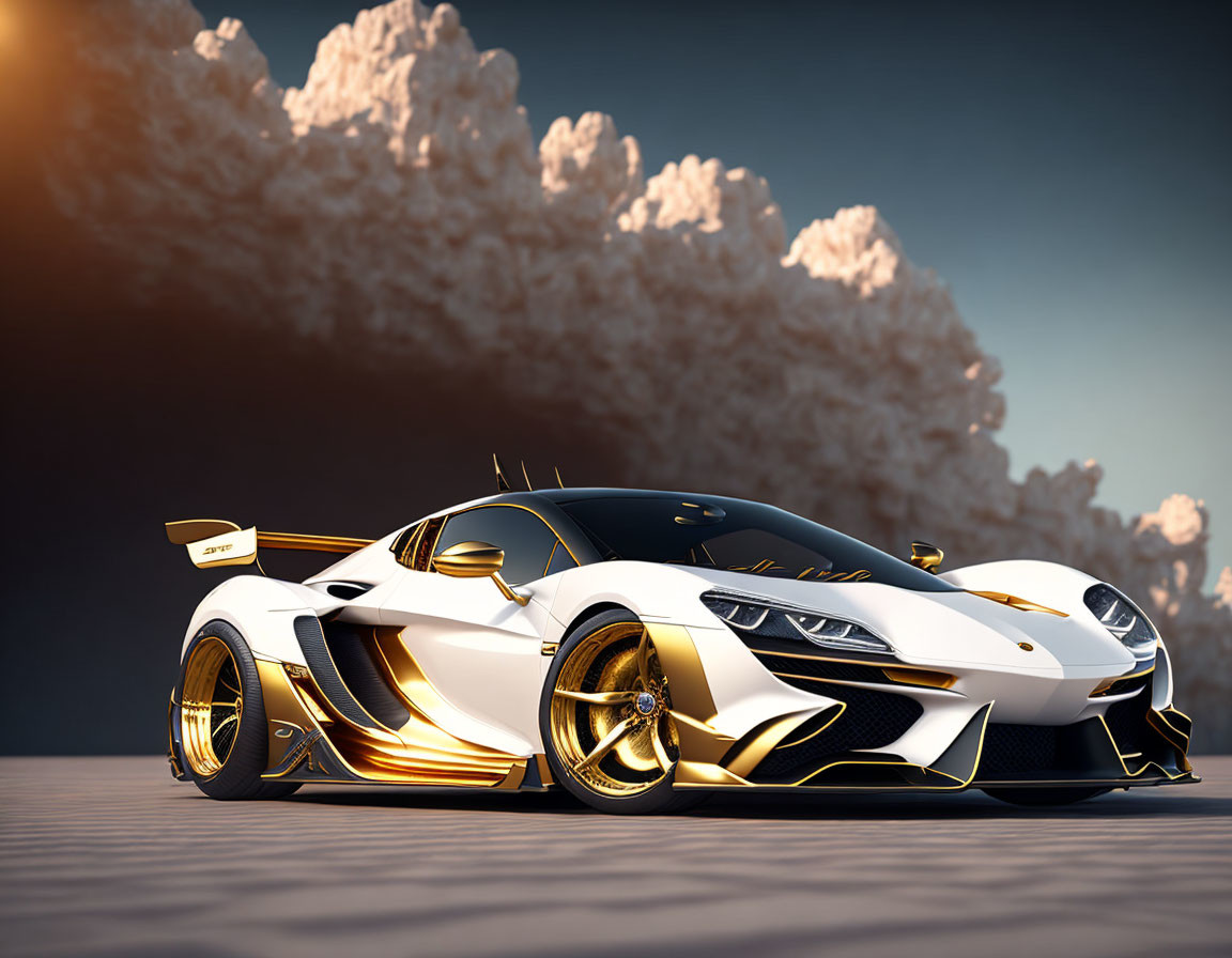 Luxurious white sports car with gold accents on reflective surface under dramatic sky