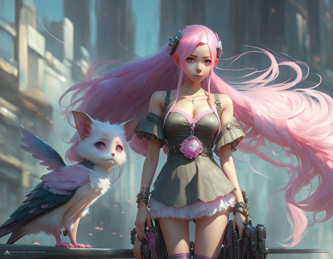 Pink-haired female anime character with elf ears and futuristic attire next to a white owl-like creature