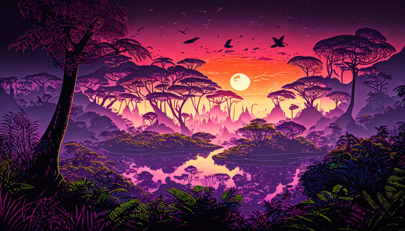 Colorful Tropical Forest Sunset Illustration with Silhouetted Trees & River