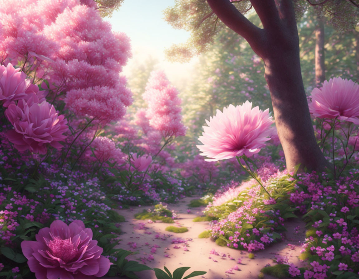 Enchanted forest path with sunlight, pink blossoms, and flowers