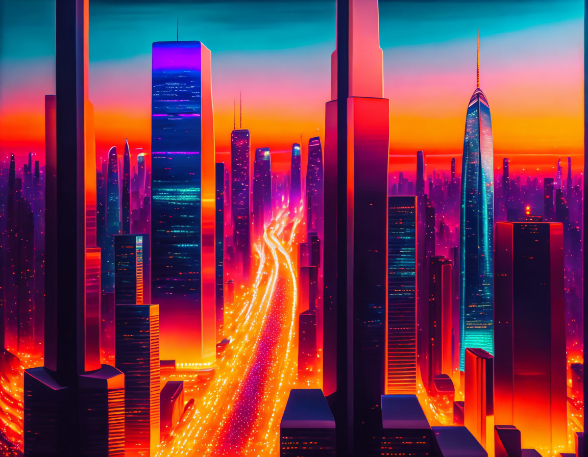 Vibrant sunset cityscape with neon lights and skyscrapers