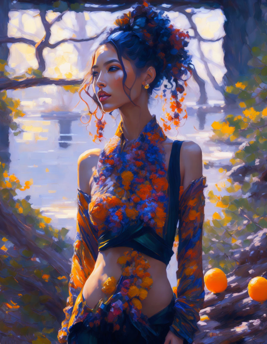 Elaborately styled woman in vibrant forest setting with orange flowers