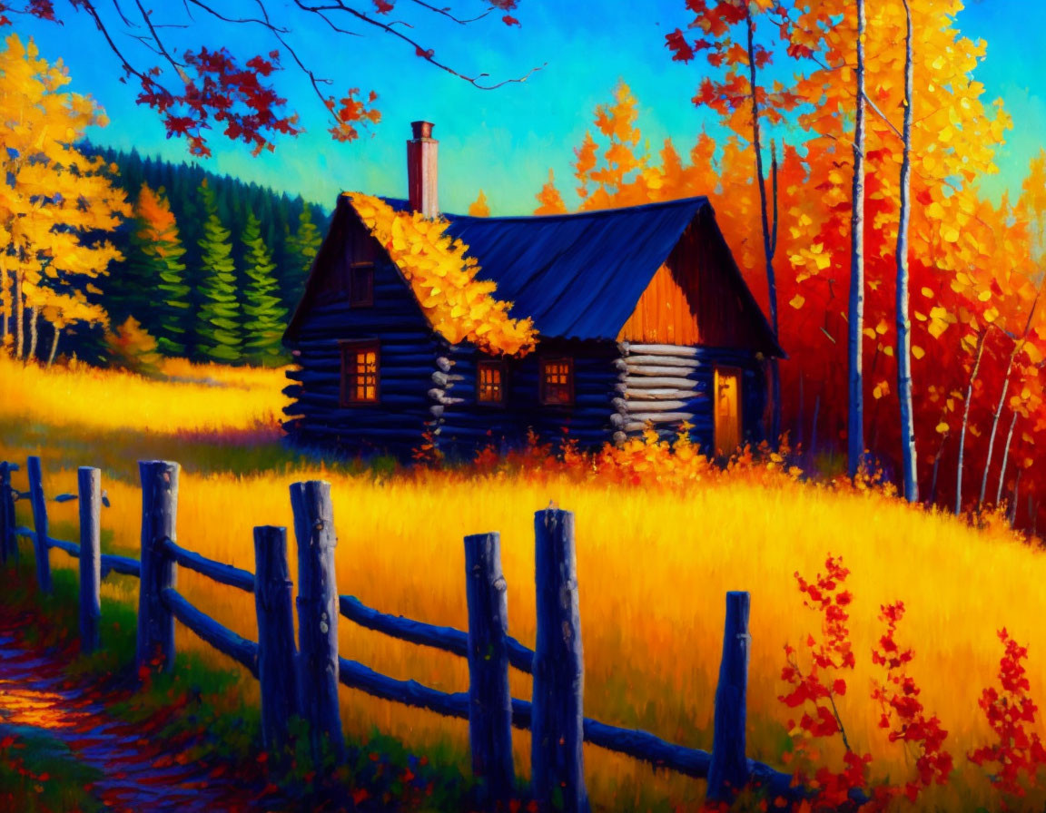 Autumnal log cabin painting with wooden fence and colorful foliage