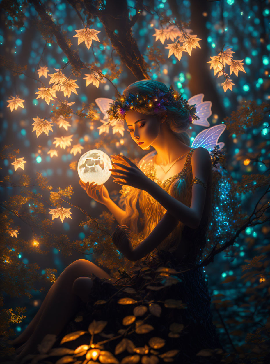 Glowing fairy with wings in enchanted forest holding radiant orb