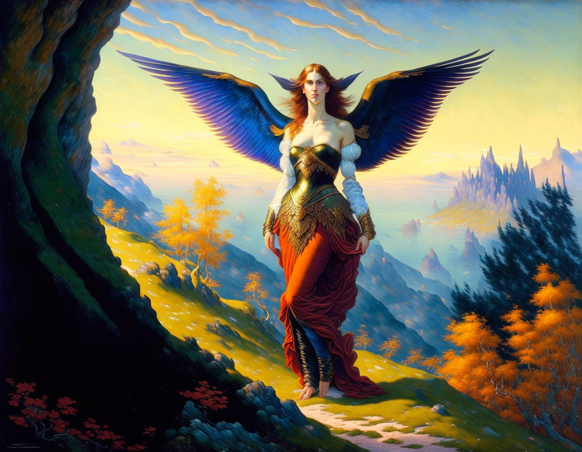 Winged woman in ornate armor overlooking colorful autumn landscape