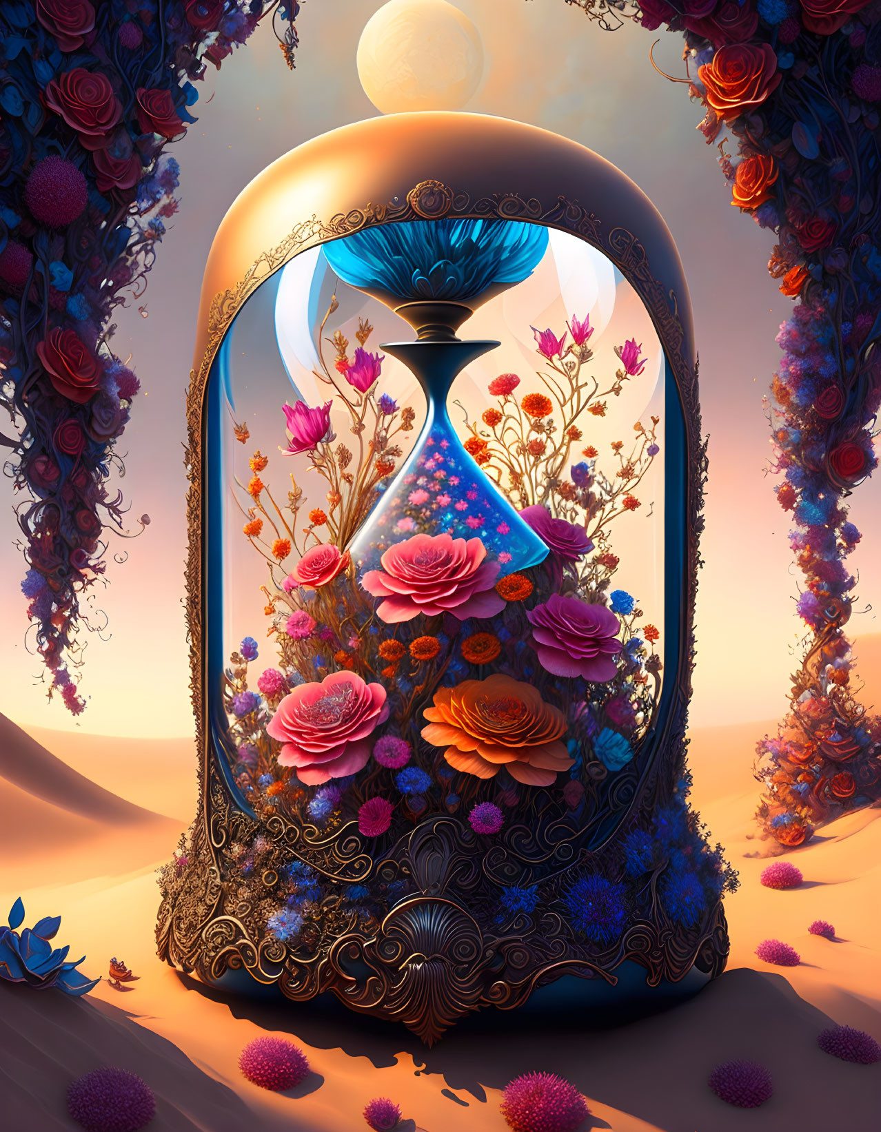 Ornate blue sand hourglass under bell jar in desert setting