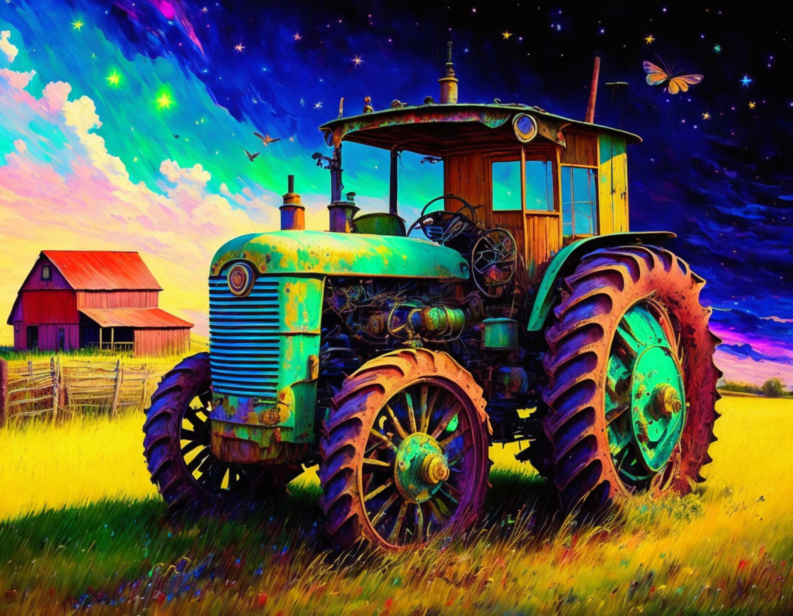 Colorful painting of old tractor in whimsical field with barn and creatures