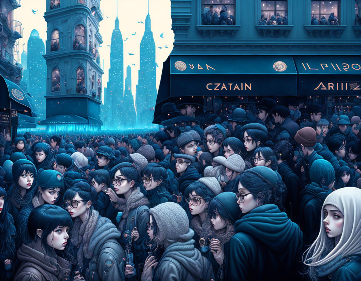 Busy City Winter Scene with Stylized Characters and Shops