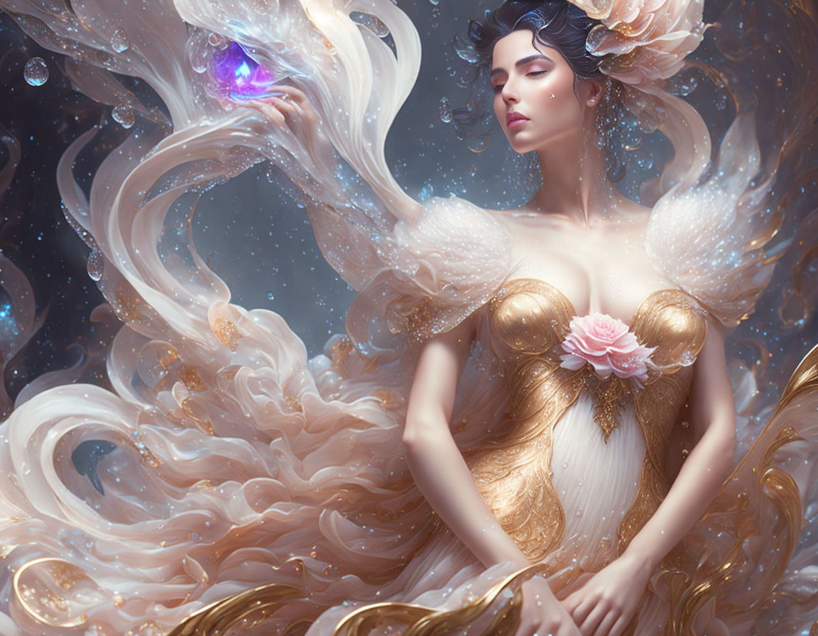 Ethereal woman in flowing golden attire with cosmic background and purple orb