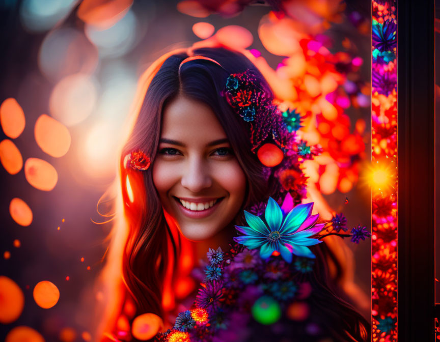 Smiling woman with vibrant flowers on warm bokeh background