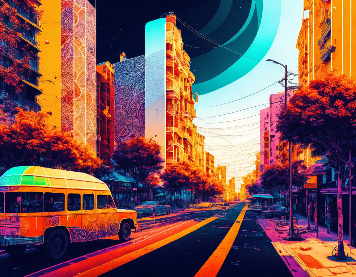 Colorful retro-futuristic street scene with old-fashioned bus and surreal sky