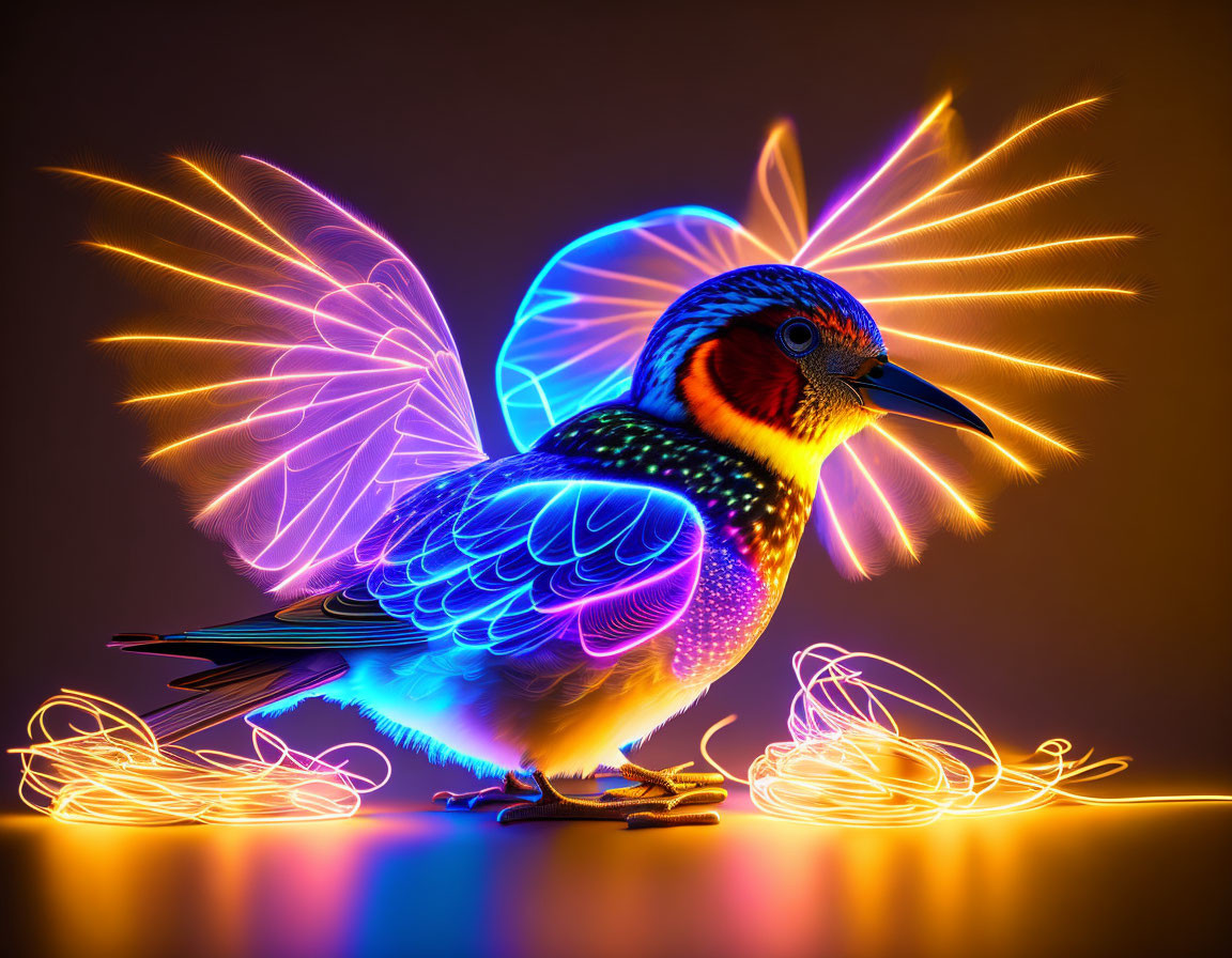 Vibrant digital art: Bird with neon light effects