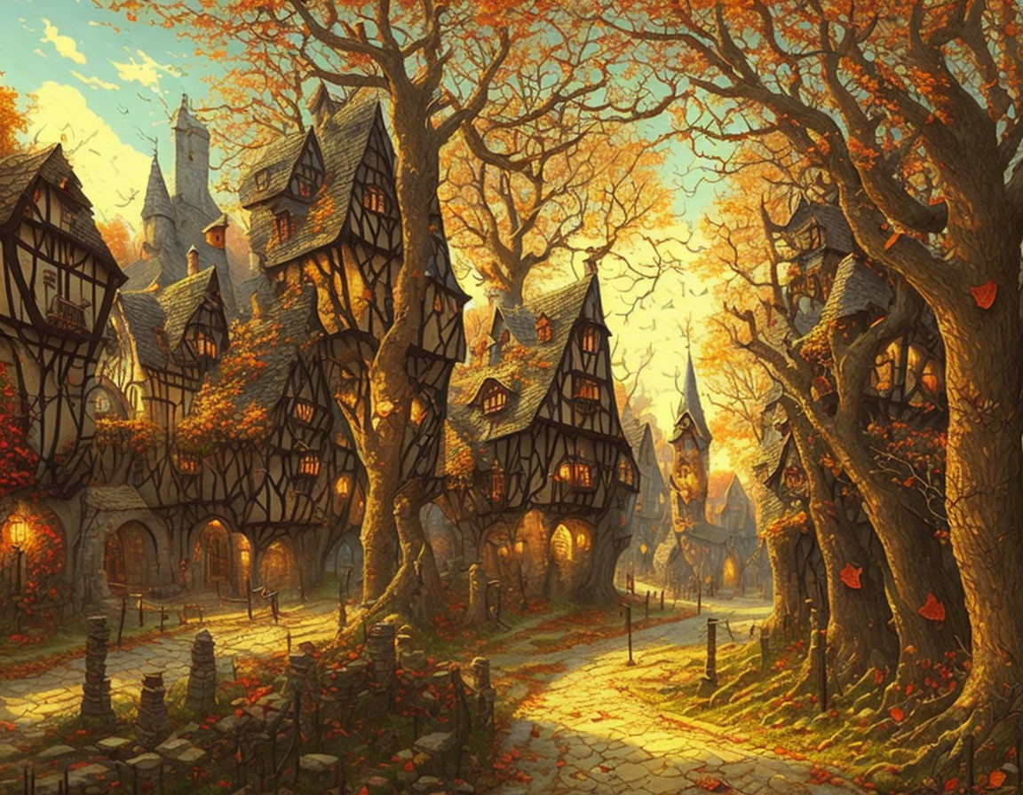 Fantasy Village with Autumn Treehouses and Golden Foliage