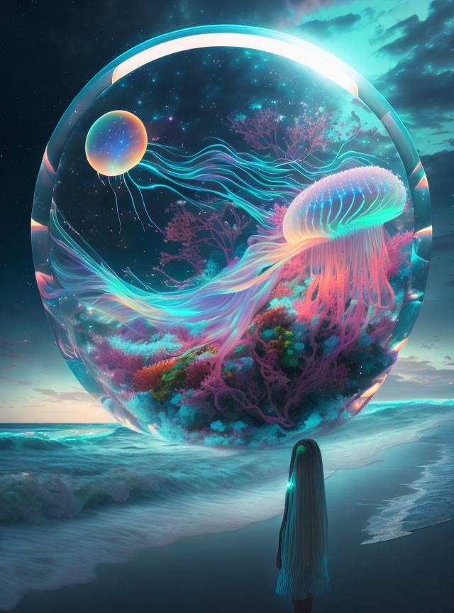 Luminous oversized jellyfish in bubble on twilight beach with surreal aquatic scene