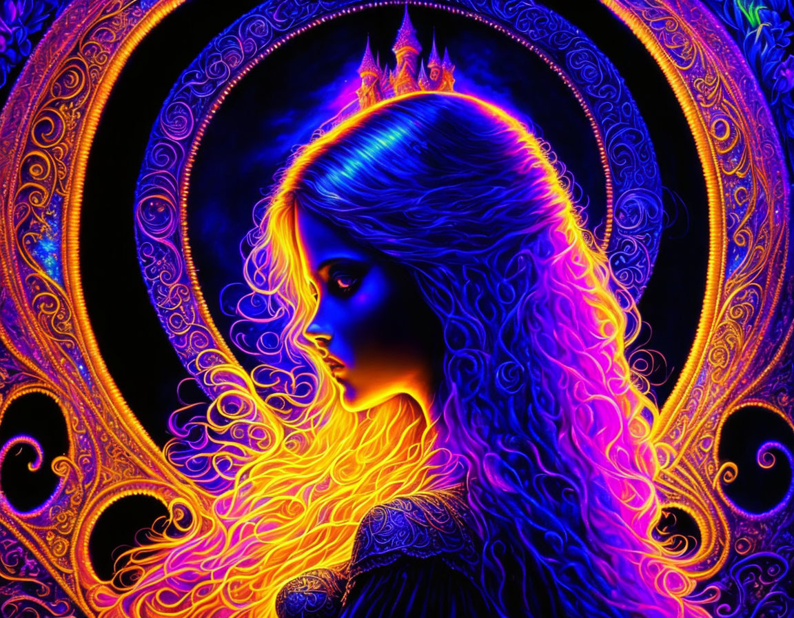 Colorful digital artwork: Woman with flowing hair and crown in neon circular frame