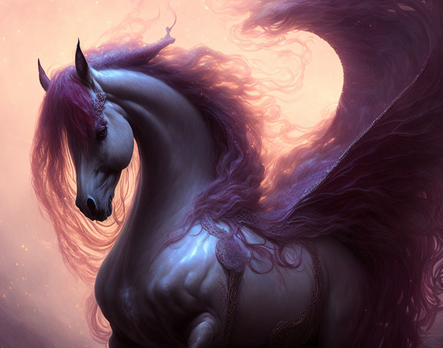 Majestic fantasy unicorn with purple mane in pink celestial setting