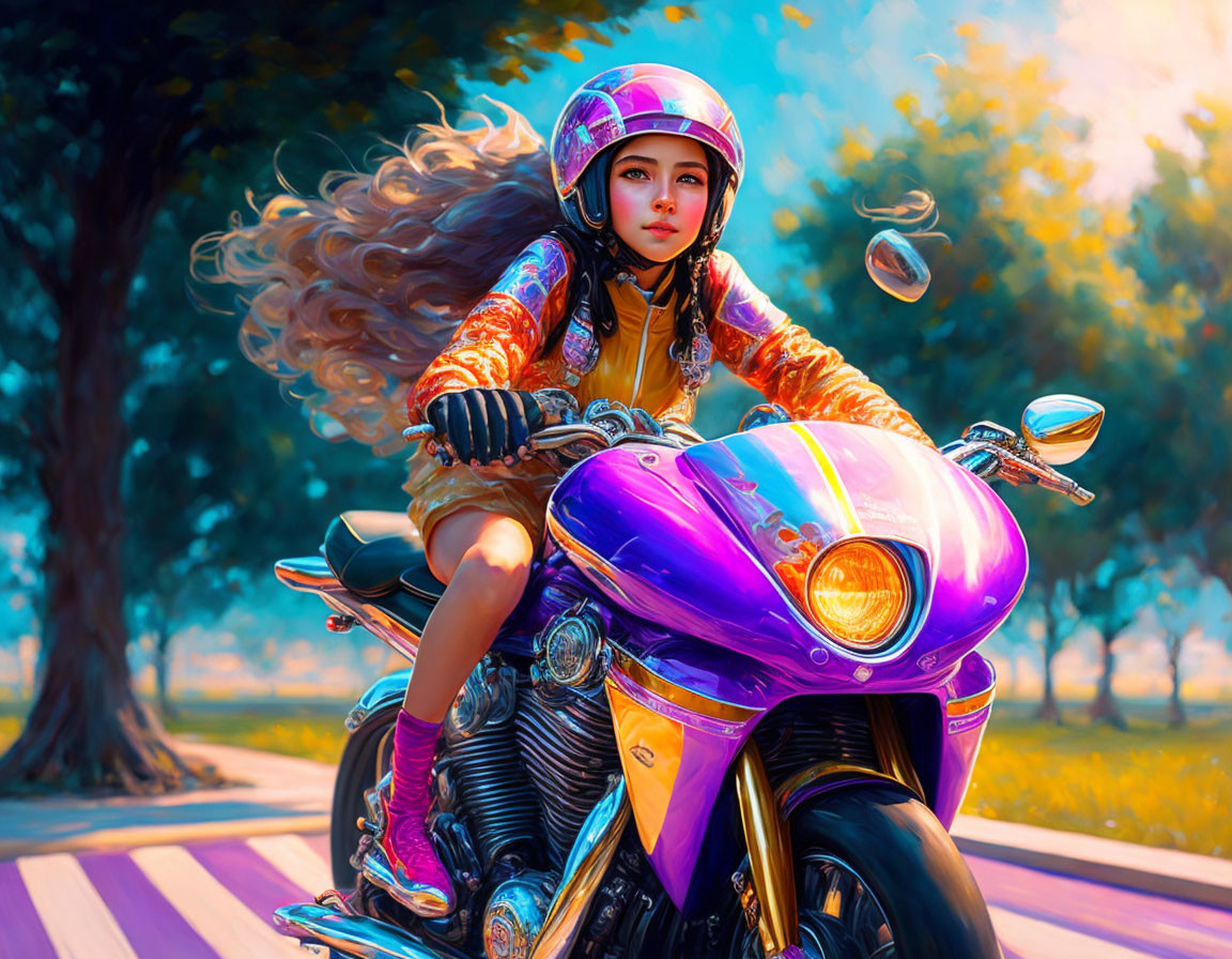 Colorful Motorcycle Rider with Flowing Hair on Sunny Day