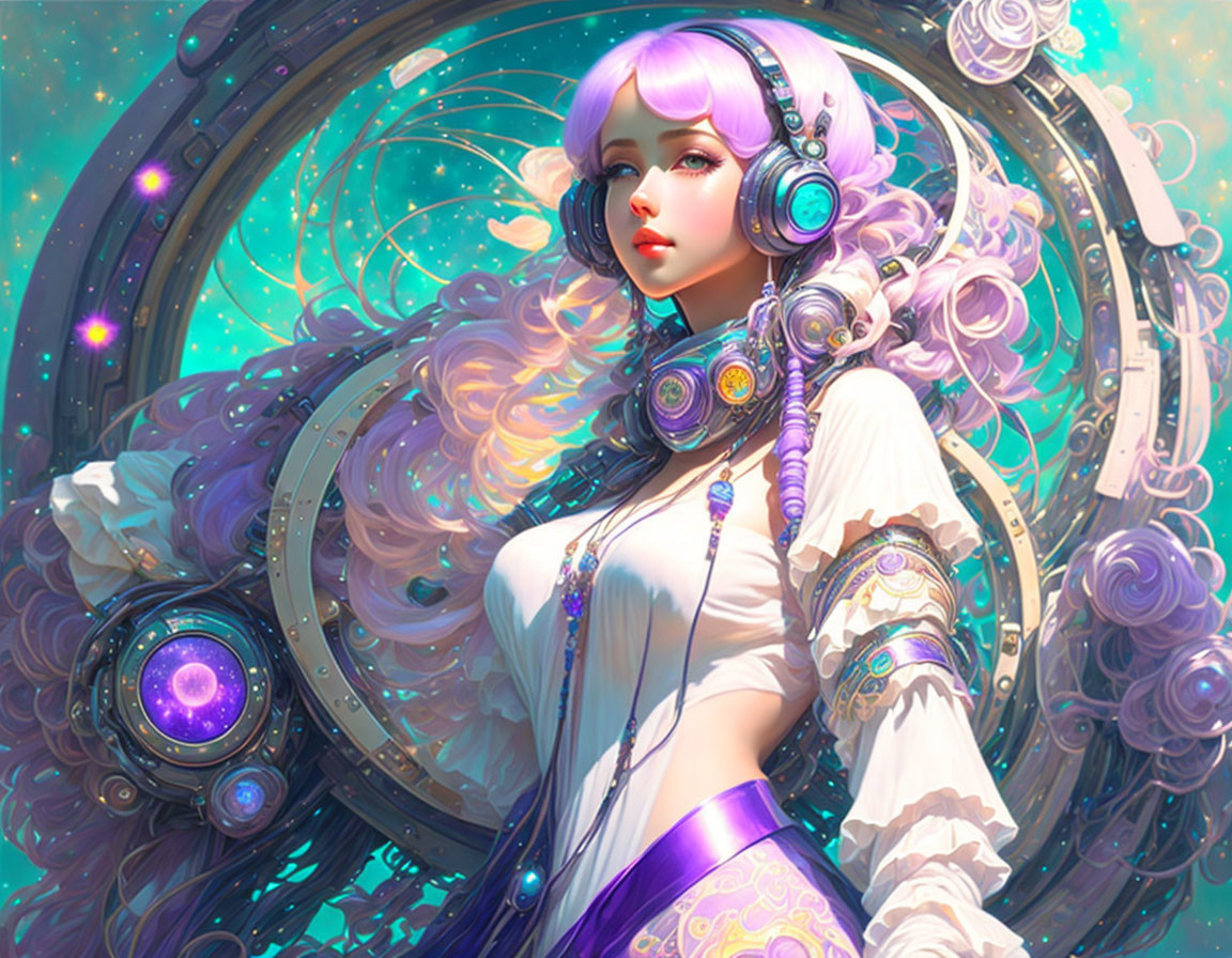 Futuristic woman with violet hair and gear-like adornments in cosmic setting